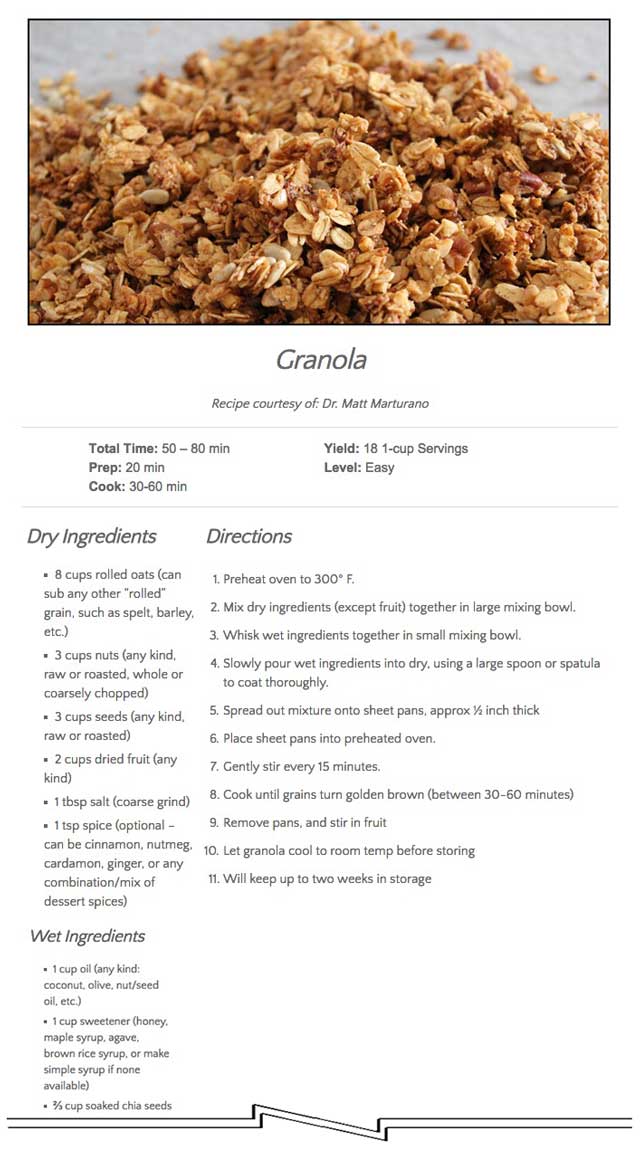 This last week the core team added a new recipe for granola to the Food Self-sufficiency Transition Plan page. This recipe was contributed by Naturopathic Doctor Matt Marturano (creator of the COHERENT model for comprehensive digestive health).