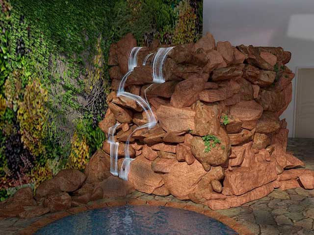 Bupesh Seethala (Interior Designer) also finished his part of the work for the Natural Pool and Spa mechanical room details. Here you see a finished render of this room covered in stone and featuring a waterfall.