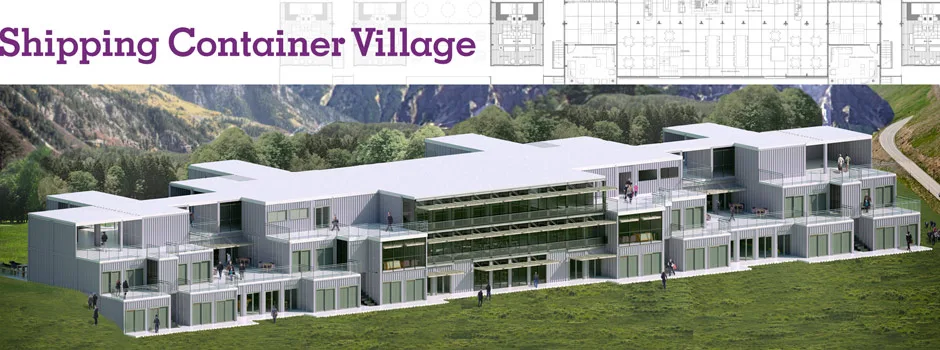 shipping container village full render, shipping container eco-resort, shipping container construction, shipping container architecture, shipping container home, shipping container building, building with shipping containers, shipping container village, shipping container living, green living, One Community, Highest Good Housing