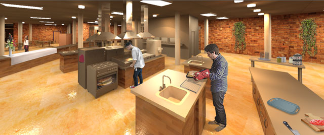 Systems for Eco-Change, One Community Earth Block Village Kitchen Looking West Final Render with people, Dan Alleck (Designer and Illustrator), blog 238, Dan Alleck (Designer and Illustrator) completed his 2nd week working on the Compressed Earth Block Village render additions. This week he finished adding people and additional aesthetics to the two kitchen renders you see here and live on the site. 
