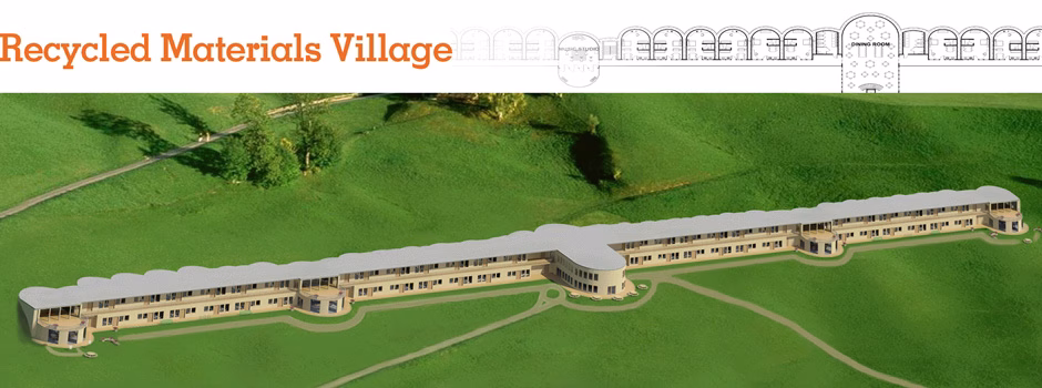 Recycled materials village header, earthship-inspired village, tire construction, recycled building, eco-living