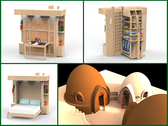 Gabriel finished renders of the Murphy bed and started to create a 3-dome cluster for the for the Earthbag Village., creating the world we know is possible