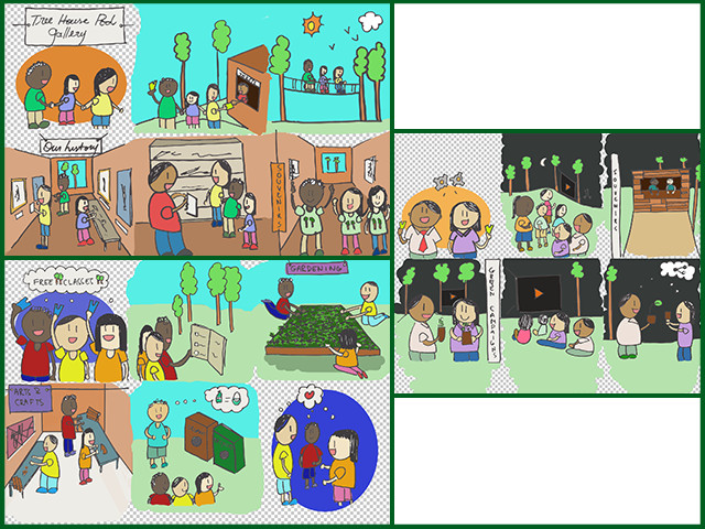 And Carolina continued the service design for the Tree House Village (Pod 7), dividing the village into 4 main spaces and 4 sub-spaces, and categorizing them by types of use. She also created these story boards for videos she will be creating about this village. , creating the world we know is possible