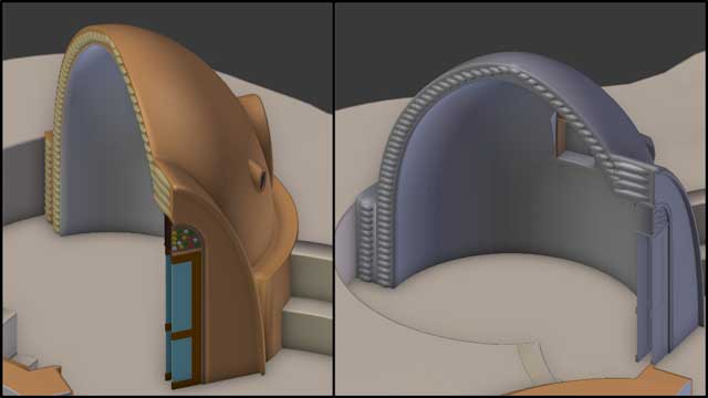 Gilberto from the Graphic Design Intern Team, continued 3D modeling for the Earthbag Village (Pod 1), which included cut views so you can see the layers of bags in the walls, creating the world we know is possible