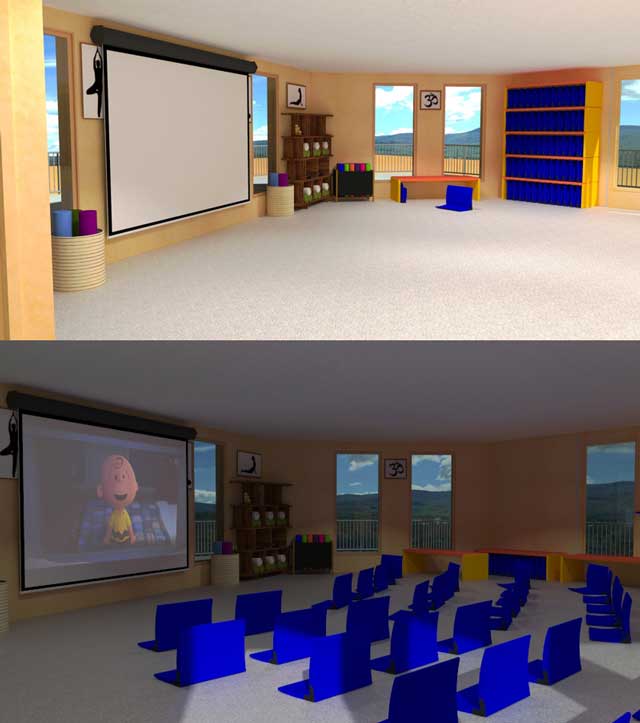 160-DCC-cupola-640, This week the core team continued working on the renders for the Cupola that will top the Duplicable City Center. What you see here is the theater room layout with floor chairs that can be folded and stored under benches and a pull-down projector screen for watching movies.