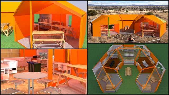 This last week the core team updated and further developed the work of Ana Flavia Almeida (Architecture and Urban Planning Student) into these renders for the Transitory Kitchen purposed to feed 50 people in remote locations during sustainable village construction.