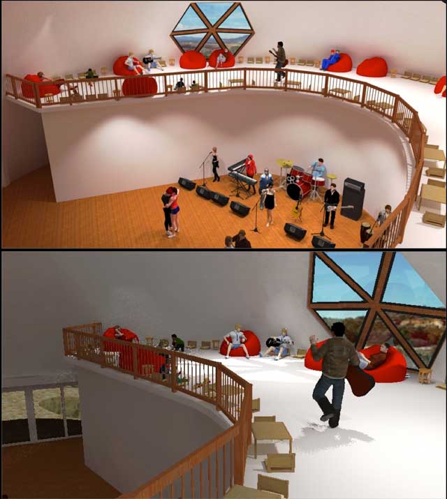  The core team also started render work on the Social Dome. Here are two 2nd floor rendering scenes, where the focus was setting up the background and placement of lights.