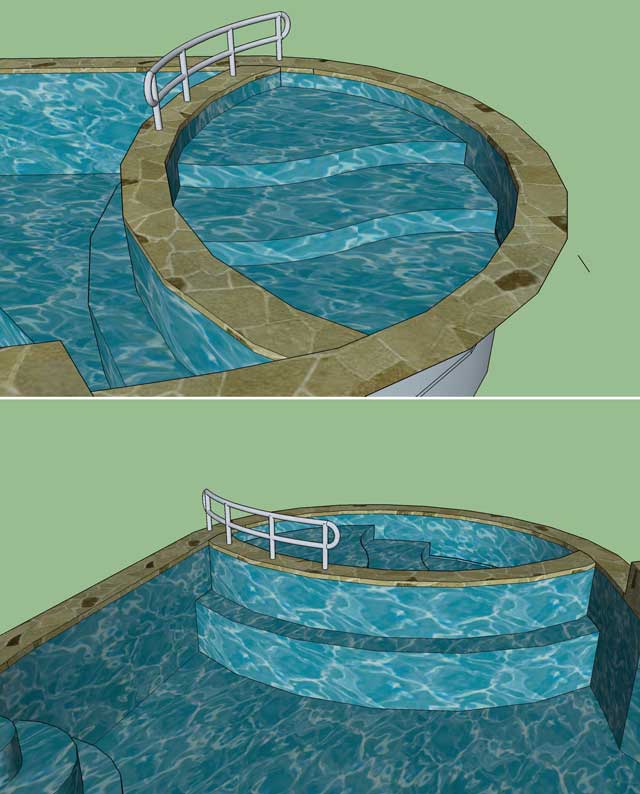 dcc-pool-b161-640, We also started to work on updates for the Duplicable City Center Natural Pool and Spa. The children's easy-access area was redesigned as seen here and based on the excellent design work of Bupesh Seethala (Interior Designer). The new design features safety rails, a separation wall between the children's and adult's areas of the pool, and an 8", 16" and 24" set of stepped areas for children to enjoy.