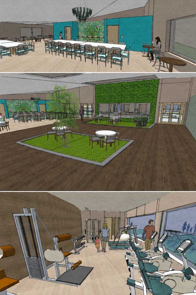Brianna Johnson (Interior Designer), also began evolving the renders for the Straw Bale Village (Pod 2). What you see here are the first of these including the addition of new colors and a living wall in one of the common spaces.
