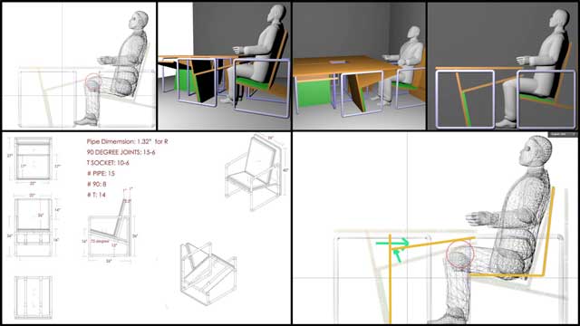 Bupesh Seethala (Interior Designer) also created this analysis of the City Center library chairs designed by Iris Hsu (Industrial Designer), using a larger person than we did to identify possible legroom issues.