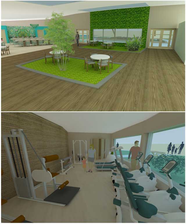Brianna Johnson (Interior Designer), also continued evolving the renders for the Straw Bale Village (Pod 2). What you see here are initial test renders of the dining area looking North and the exercise facility. 
