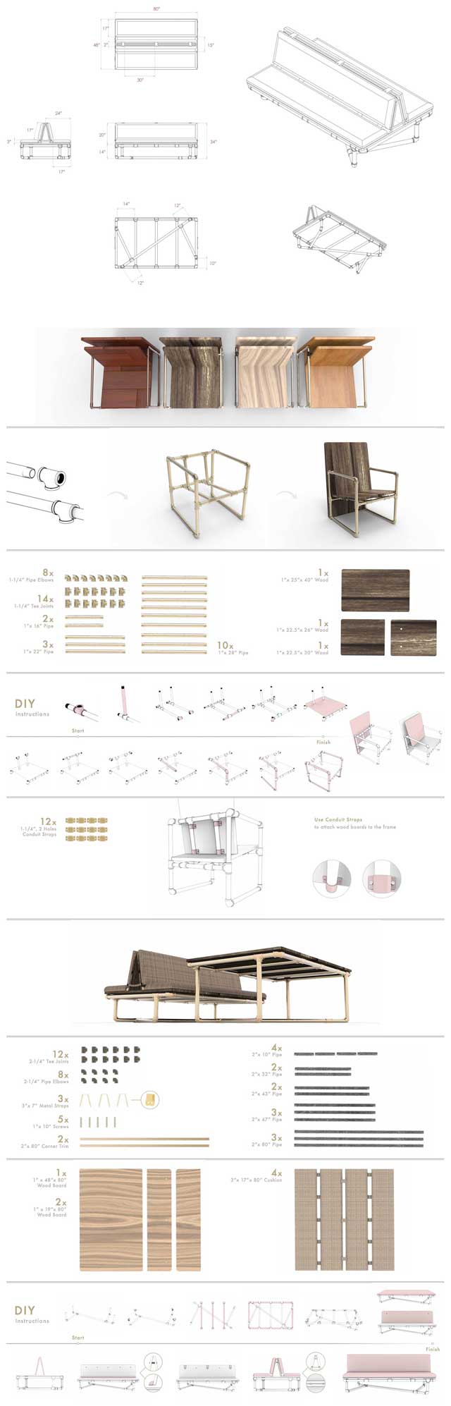 Iris Hsu (Industrial Designer), put the final touches on the Pipe Couch and Table/Chair designs for the Duplicable City Center library by creating these final measurement documents for the couch and then detailed assembly instructions for both the couch and table/chair including a final render, parts list, and step-by-step instructions for putting them both together. Fantastic work by Iris Hsu!