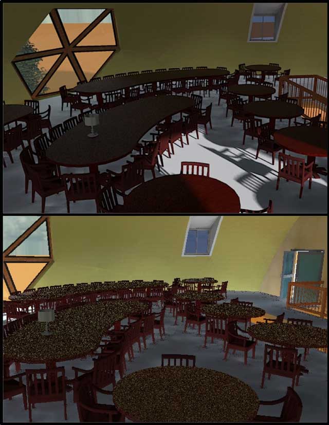 We also began working on the Dining Dome second-floor rendering by selecting items and table lights and developing the shadows, floor and background.