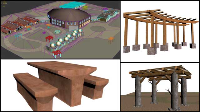 Dean Scholz, Architectural Designer, further developed what’s necessary for us to create quality Cob Village (Pod 3) renders. Here is update 12 of this work that continued with placement of new structures into the complete village model, finalization of cob sitting-space textures, adding rock foundations to one of the shade structures, and a new shade structure design.