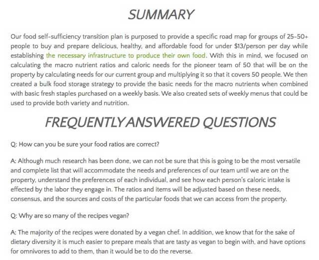 This last week the core team completed another round of organizing the streamlined version of our Food Self-sufficiency Transition Plan page, which includes contributions provided by Naturopathic Doctor Matt Marturano (creator of the COHERENT model for comprehensive digestive health). This week we added the summary and FAQs to the page. The page is now approximately 99% complete.
