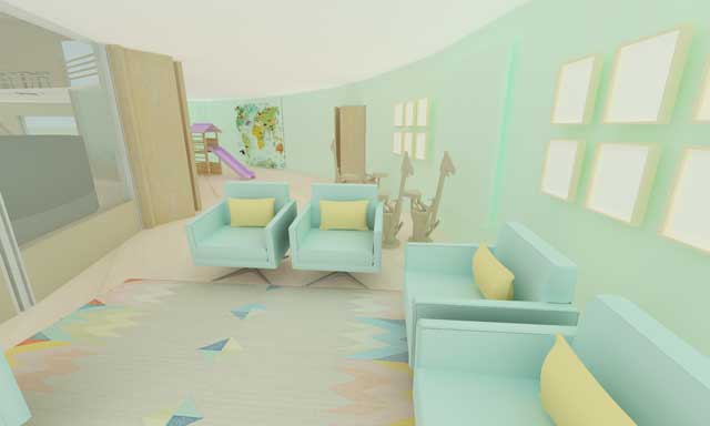 Brianna Johnson (Interior Designer), also continued evolving the renders for the Straw Bale Village (Pod 2). What you see here is the initial render of the kids playroom.