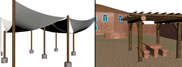 Dean Scholz, Architectural Designer, further developed what’s necessary for us to create quality Cob Village (Pod 3) renders. Here is update 13 of this work that continued with shade structure design and placement.