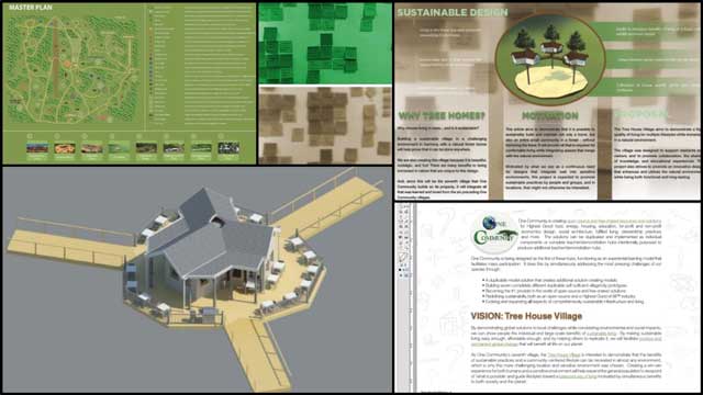 Zachary Melin (Graphic Designer) also continued updating the Tree House Village (Pod 7) book created by last year’s intern Team. What you see here is Zachary’s process of redoing the Vision page, Master Plan page, some background images and the Sustainable Design intro page.