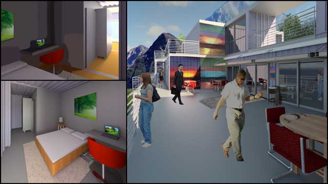 Guy Grossfeld (Graphic Designer) also continued with his second week of photoshop work on the renders for the Shipping Container Village (Pod 5). Here you see his first versions of 2 different perspectives of the residences and rental rooms and a view outside the dining area and looking Northwest.
