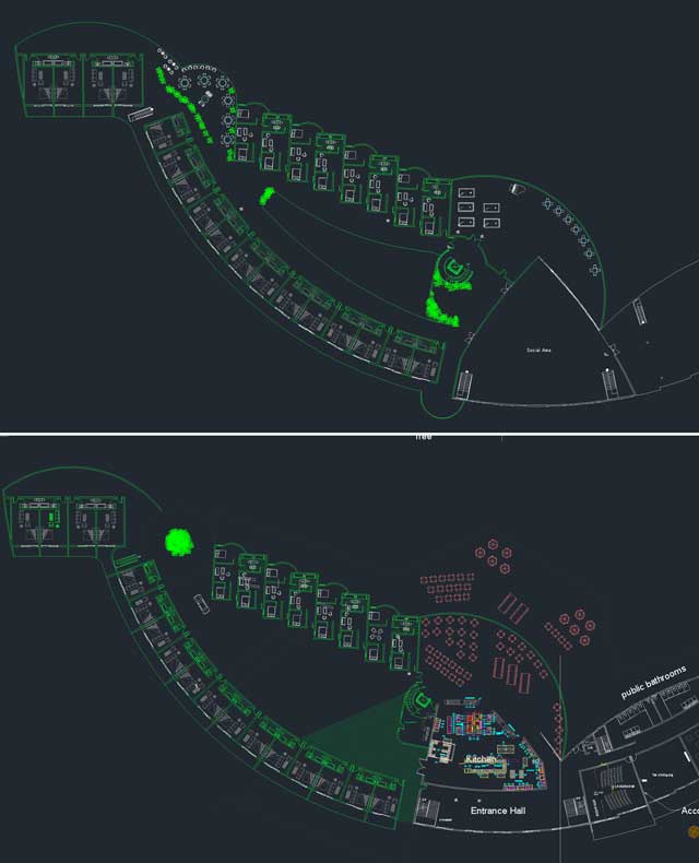 Hamilton Mateca (AutoCAD Draftsperson and Designer), continued evolving the Compressed Earth Block Village (Pod 4). You can see his 4th week of work here, showing the redesign of left living units and social space, group meeting space in the North, and dining area. He also added easier road access for kitchen delivery., evolving global sustainability