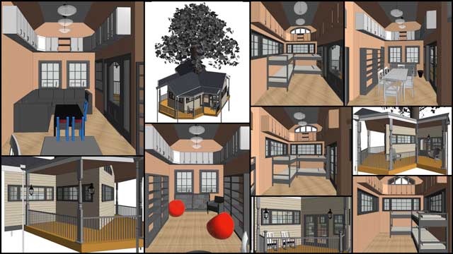 Working on the Tree House Village (Pod 7), Jesika Rohrbach (Architectural Drafter, Designer, and 3-D Modeler) completed the work you see here including internal and external layouts for the Hostel Tree House and additional details in the library.