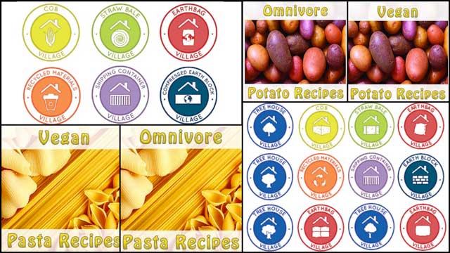 Steven Paslawsky (Graphic Designer) also created these new images for the food self-sufficiency plan omnivore and vegan meal plan pages and several sets of icon ideas for the different Highest Good Housing pages: