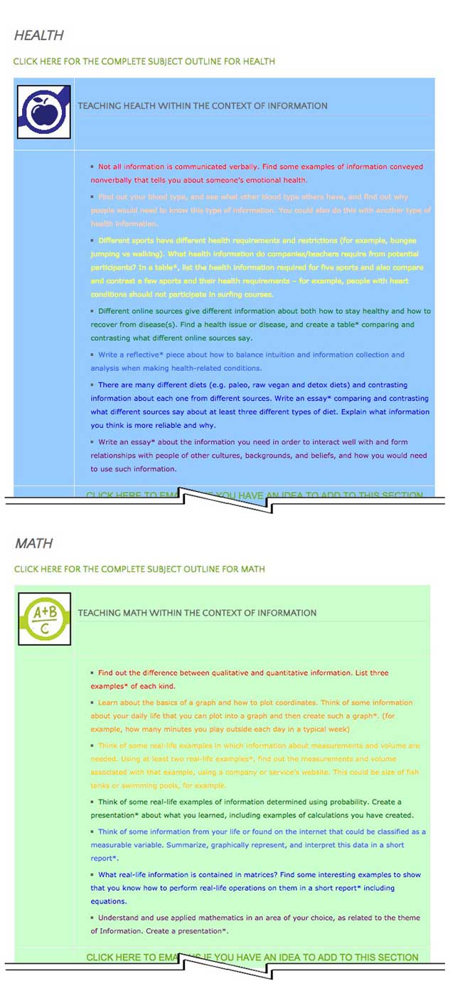 This last week the core team transferred the second 25% of the written content for the Information Lesson Plan to the website, as you see here. This lesson plan purposed to teach all subjects, to all learning levels, in any learning environment, using the central theme of “Information” is now 50% completed on our website.