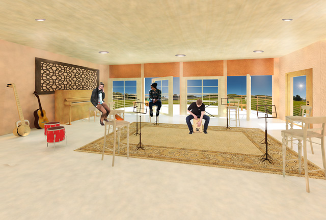 Music room Final Render Recycled Materials Village, One Community, evolving global sustainability