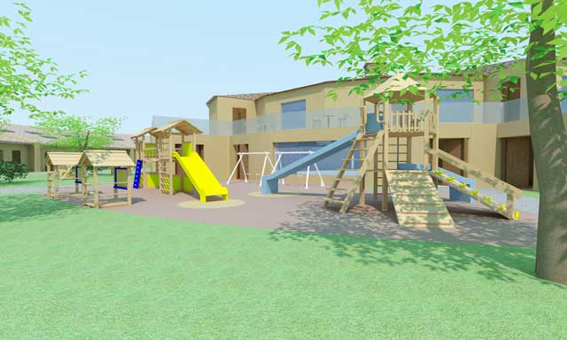 Brianna Johnson (Interior Designer), also continued evolving the renders for the Straw Bale Village (Pod 2). What you see here is the kids playground area