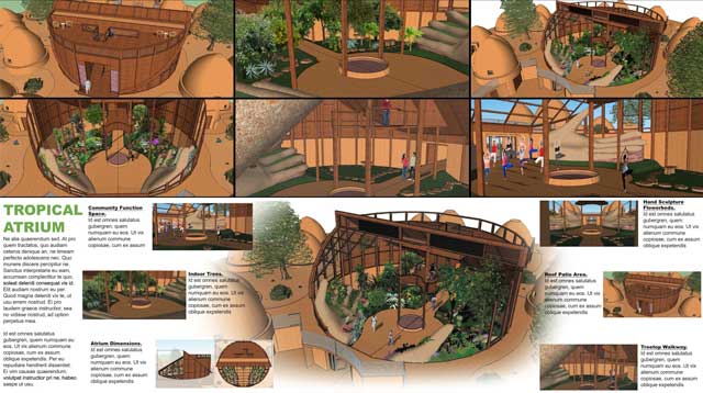 Shadi Kennedy (Artist and Graphic Designer) also created these new render roughs and version 2.0 of the updated layout proposal for a new graphic to share the features of the Tropical Atrium that is the center of the Earthbag Village (Pod 1).