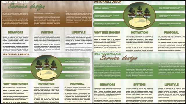 Zachary Melin (Graphic Designer) also continued updating the Tree House Village (Pod 7) book created by last year’s intern Team. What you see here is another revision of the SWOT analysis page and multiple iterations of the Sustainable Design and Service Design pages: