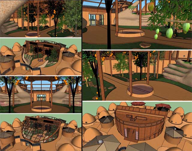 Shadi Kennedy (Artist and Graphic Designer) also created these new render-scene previews to better share the features of the Tropical Atrium that is the center of the Earthbag Village (Pod 1). These scenes now go to our core team for rendering and then back to Shadi for final photoshop touchups.