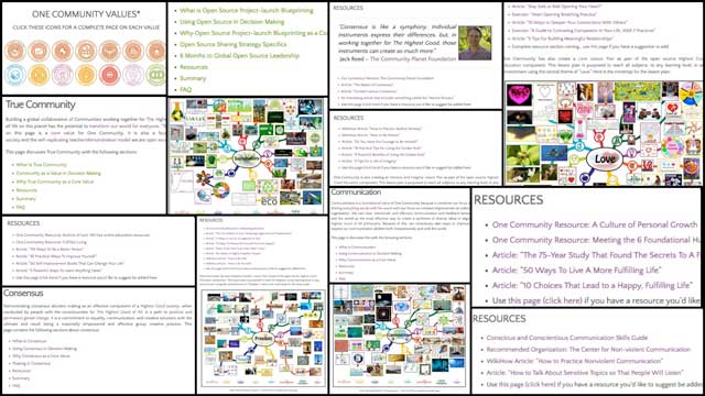 This last week the core team researched and added resources sections to all 13 of our core values pages. You can see a collage of these new sections here, including a link on every page for others to suggest resources they feel would improve the pages and, where they are complete, mind maps and links to our related lesson plans from the Highest Good Education program., evolving global sustainability
