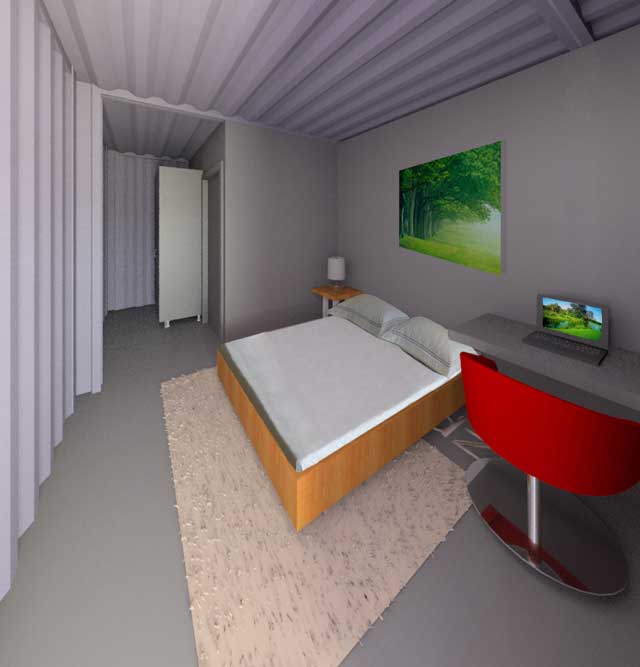 Guy Grossfeld (Graphic Designer) also continued with his 3rd week of photoshop work on the renders for the Shipping Container Village (Pod 5). Here you see final versions of a rental room looking in