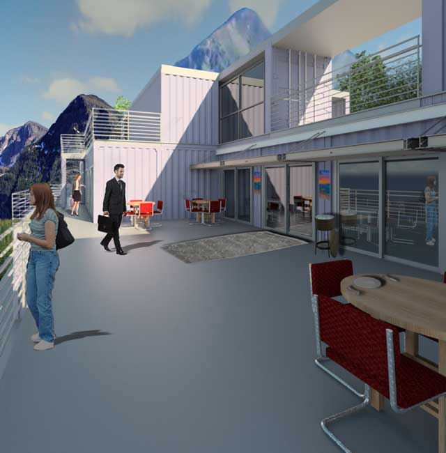 Guy Grossfeld (Graphic Designer) also continued with his 3rd week of photoshop work on the renders for the Shipping Container Village (Pod 5). Here you see final versions of the open area behind the dining hall looking Northwest
