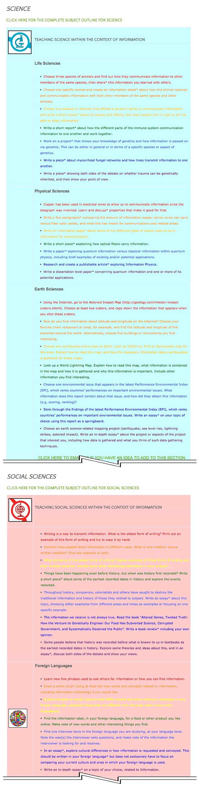 This last week the core team transferred the third 25% of the written content for the Information Lesson Plan to the website, as you see here. This lesson plan purposed to teach all subjects, to all learning levels, in any learning environment, using the central theme of “Information” is now 75% completed on our website.
