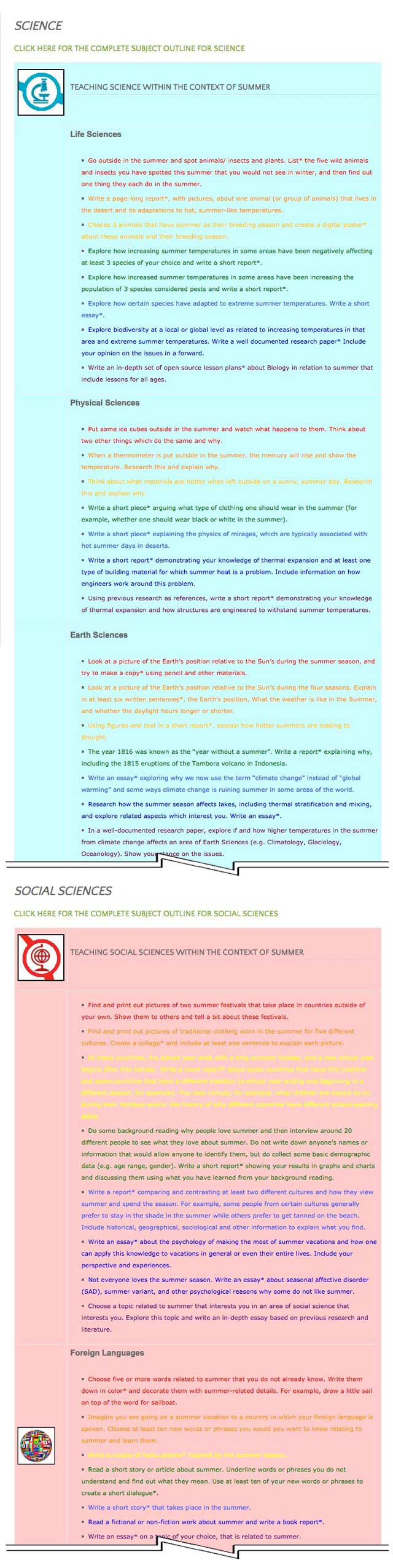 This last week the core team transferred the third 25% of the written content for the Summer Lesson Plan to the website, as you see here. This lesson plan purposed to teach all subjects, to all learning levels, in any learning environment, using the central theme of “Summer” is now 75% completed on our website.