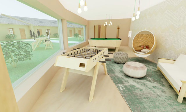 Straw Bale Village Game Room, One Community Pod 2, Brianna, b160, 640, Brianna Johnson (Interior Designer), also continued evolving the renders for the Straw Bale Village (Pod 2). What you see here is her final render for the Game Room.