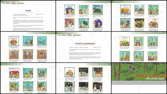 Zachary Melin (Graphic Designer) also continued updating the Tree House Village (Pod 7) book created by last year's intern Team. What you see here are updated information and storyboard pages covering the tourism and event hosting with storyboard artwork compliments of Ana Carolina Salomao Faria (Industrial Design and Service Design Student).