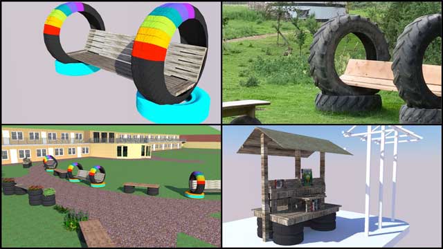 Creating a Better World, The core team also continued working in Sketchup on the open source outdoor areas of the Recycled Materials Village (Pod 6). We checked and replaced all repetitive items with easier to render components, created a bench with back support and tires (see top right pic that inspired the idea), and began designing a bench with roof and bookshelves.