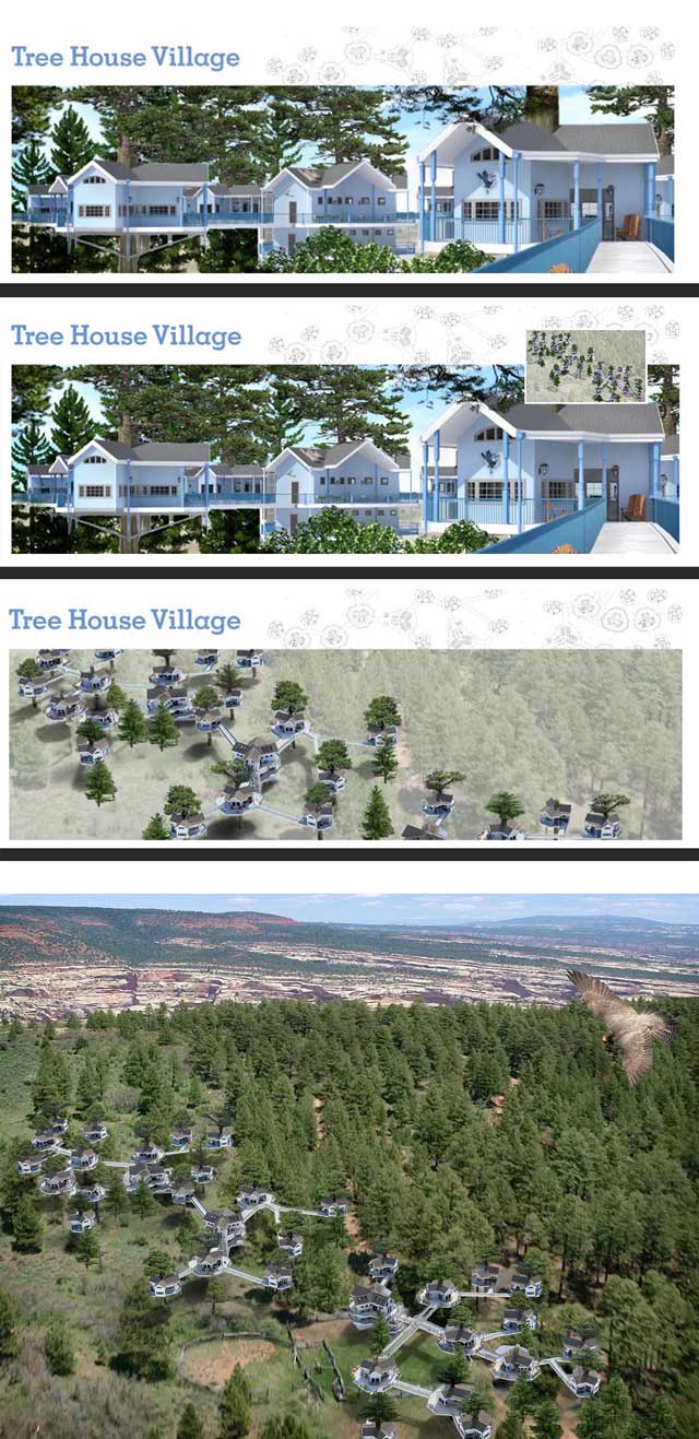 Systems for Eco-Change, The core team also continued working on the complete Tree House Village (Pod 7) render. This week's focus was creating 3 options for the webpage header, and the final render of the complete village, all of which you can see here.