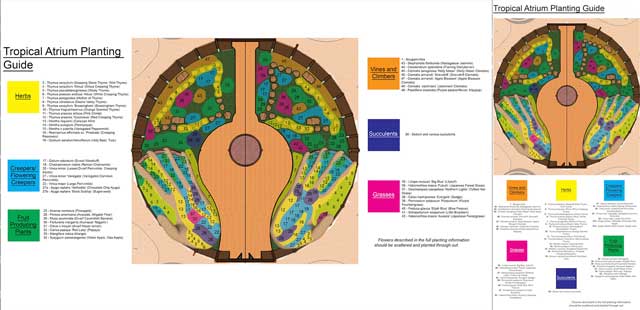 Shadi Kennedy (Artist and Graphic Designer) also further developed the planting plan specifics of the Tropical Atrium that is the center of the Earthbag Village (Pod 1). What you see here are version 2.0 of the two different layout options we've decided on., One Community, Tropical Atrium Planting Plan