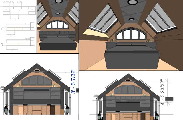 Working on the Tree House Village (Pod 7), Jesika Rohrbach (Architectural Drafter, Designer, and 3-D Modeler) continued designing and exploring different loft sleeping area options for the living structures for this village. This week's focus was on designs for skylights and shelving behind and below the bed.