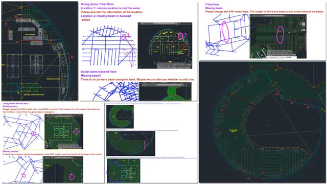 Systems for Eco-Change, Oruba Rabie (Ph.D, PE, and Civil Engineer) and Haoxuan “Hayes” Lei (Structural Engineer) also continued working on the City Center structural engineering details. What you see here are some screenshots of their process continuing to find and correct errors and discrepancies between the AutoCAD and SAP2000 models.