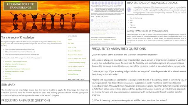 Cooperative Community Building - This last week the core team continued adding to the education Evaluation and Evolution process open source pages and tutorials. This week we created the formatting and began entering the content for the Transference of Knowledge page, as you can see here.