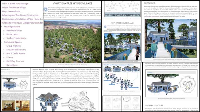 Systems for Sustainable Community Creation - The core team also finished the first half of updating the complete Tree House Village (Pod 7) open source hub. This included all new menus, formatting, and updated content covering the What, Why, and description sections for every structure within this village, as shown here.