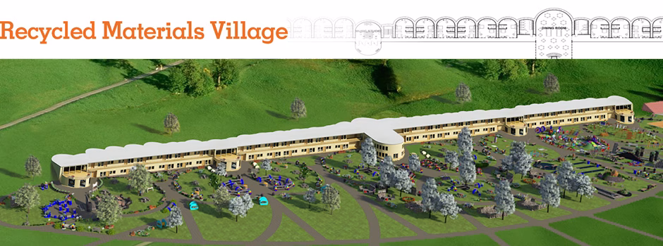Recycled materials village overview, earthship-inspired village, tire construction, recycled building, eco-living