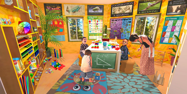 Ultimate Classroom yellow room, peaceful leadership, sharing, self esteem, respect for others, self-control, self-discipline, calmness, and initiative, collaborative and cooperative tools, toys, games, Math, Knowledge and Wisdom, Collaboration and Cooperation, Sharing, Giving, Receiving, Honesty and Integrity