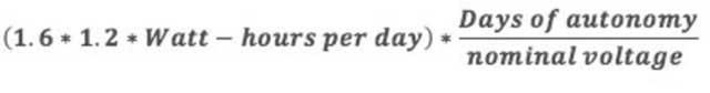 Ampere hour rating, parameters required to calculate the Ampere-hour rating of the battery, the following formula is applied, hours per day, days of autonomy, nominal voltage
