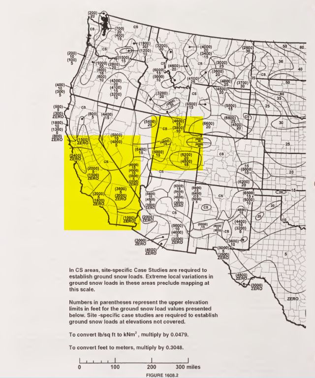 Figure 65, case studies for ground snow loads, extreme local variations in ground snow loads preclude mapping at this scale, number is parenthesis represent upper elevation limits, site-specific case studies are required to establish ground snow loads